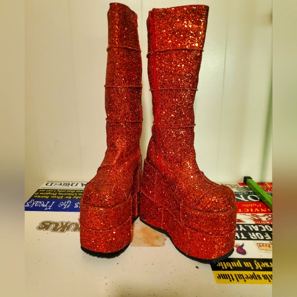 Red Glitter Platform Demonia Boots